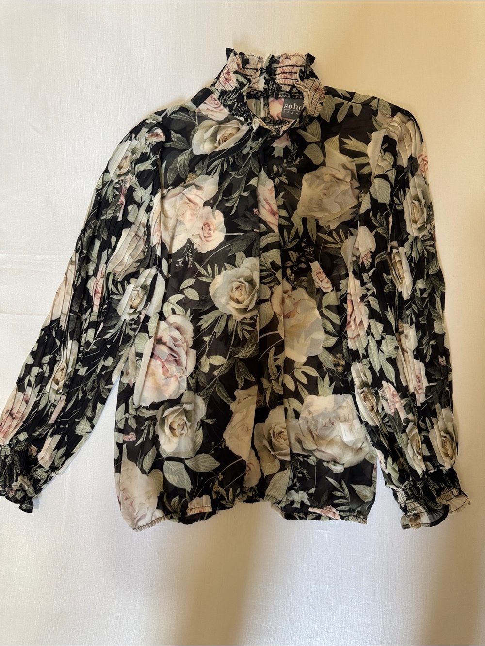 Soho Black Floral Ruffle-Neck Sheer Blouse
